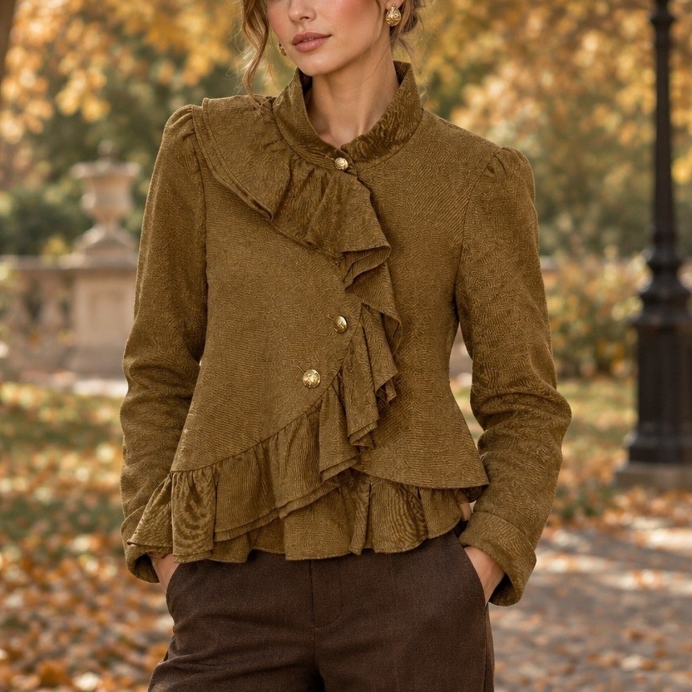 Mise en Scene by Ruffian Jacket Women 2 (US 2) Brown Linen Silk Ruffle Blazer